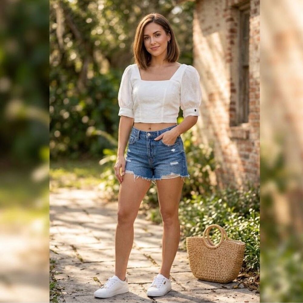 Lucy Paris White Puff Sleeve Crop Top Size Medium